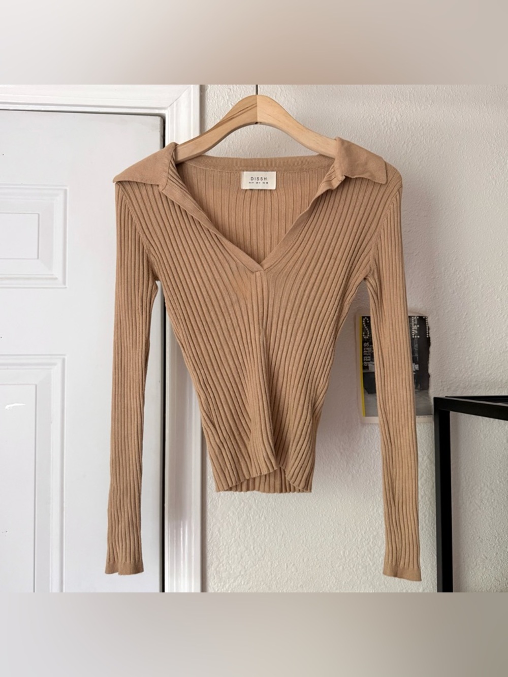DISSH tan peachโ rib ribbed chunky stretchy popover long sleeve cropped top
